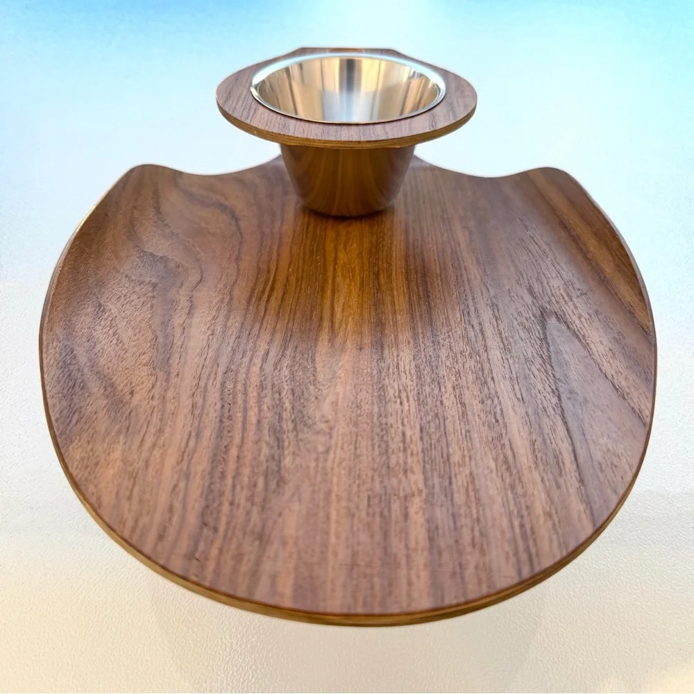 Teak Mid-Century Modern Serving Tray withStainless Steel Bowl • Charcuterie Tray - Picture 4 of 9